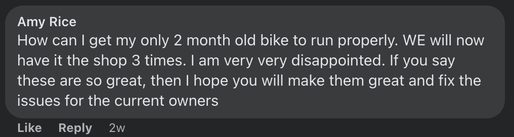 Kayo dirt bike customer complaint from Facebook comment