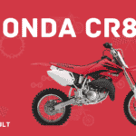 Honda CR 85 in white text with image of CR 85 dirt bike on red background