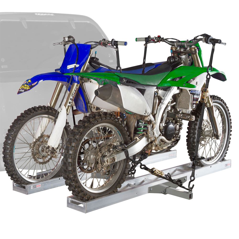 double hitch carrier with blue and green bikes tied down