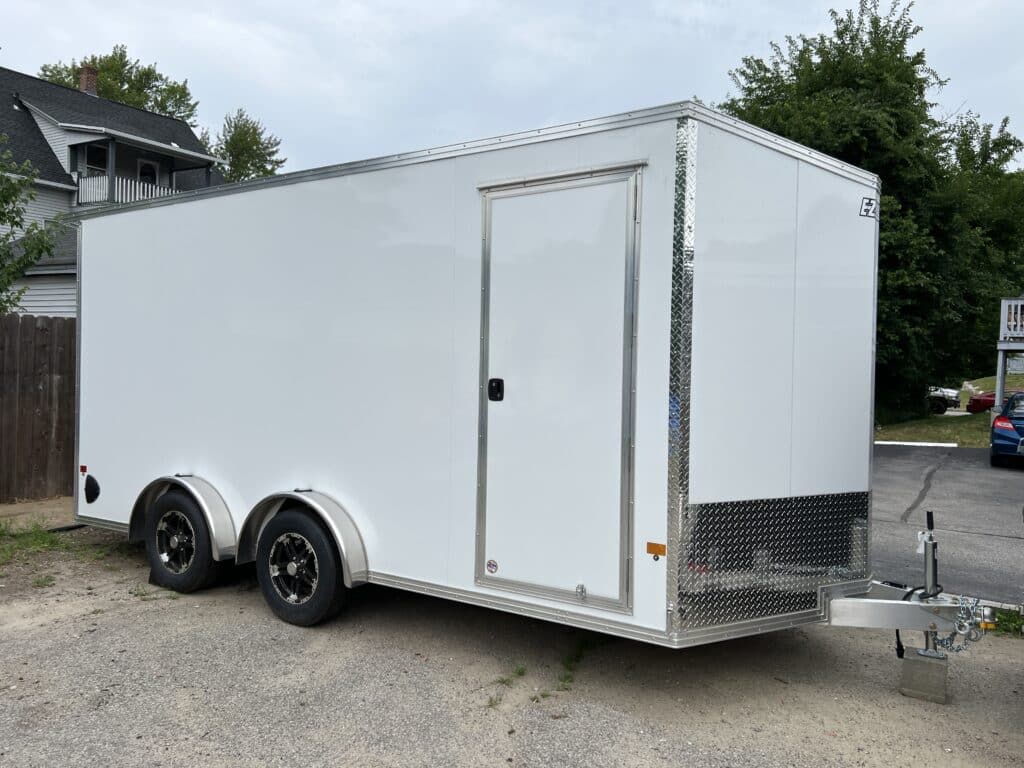 Exterior of white dirt bike trailer