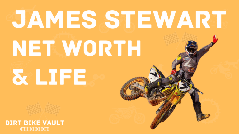 james stewart net worth & life in white text with picture of james stewart jumping a dirt bike