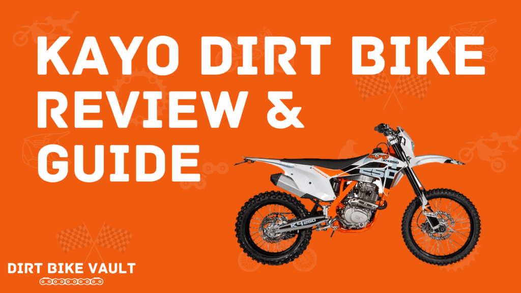 Kayo dirt bike review and guide in white text on orange background with dirt bike