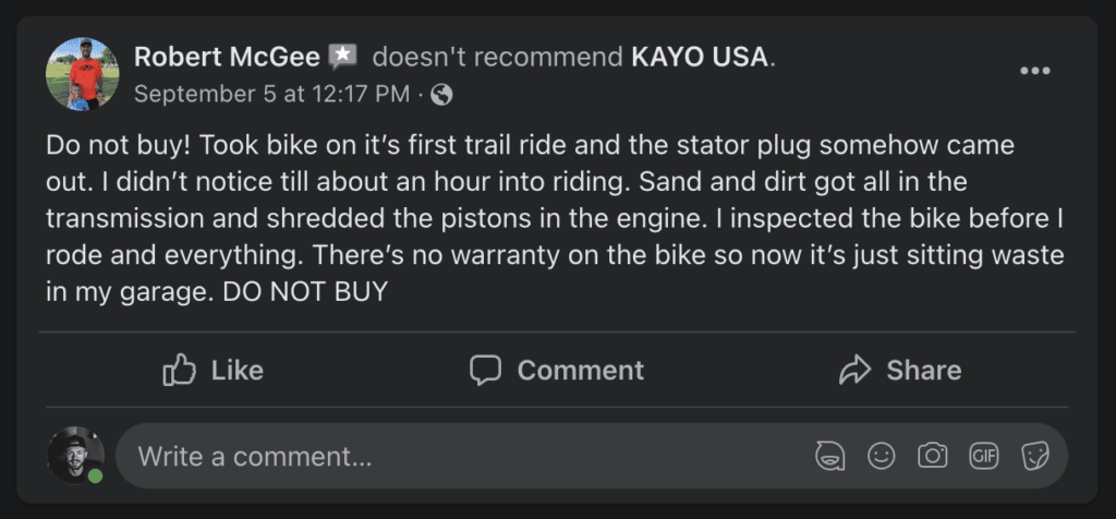 Kayo dirt bike customer complaint from Facebook review