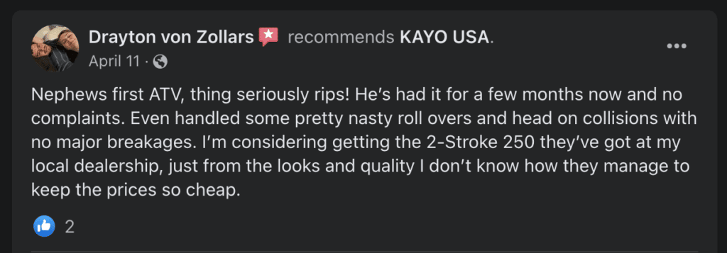 Kayo dirt bike customer Facebook recommendation
