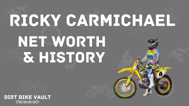 ricky carmichael net worth & history in white letters with image of ricky carmichael sitting on a dirt bike on a gray background