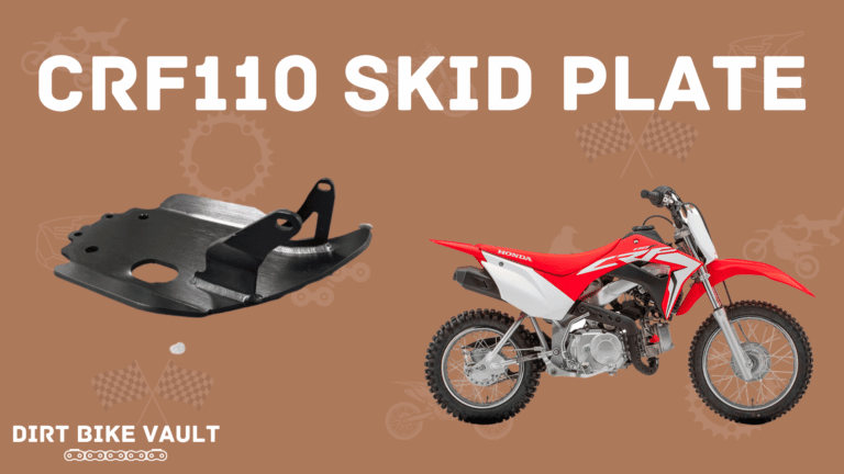 CRF110 skid plate in white text on brown background with crf110 skid plate and crf110 bike images
