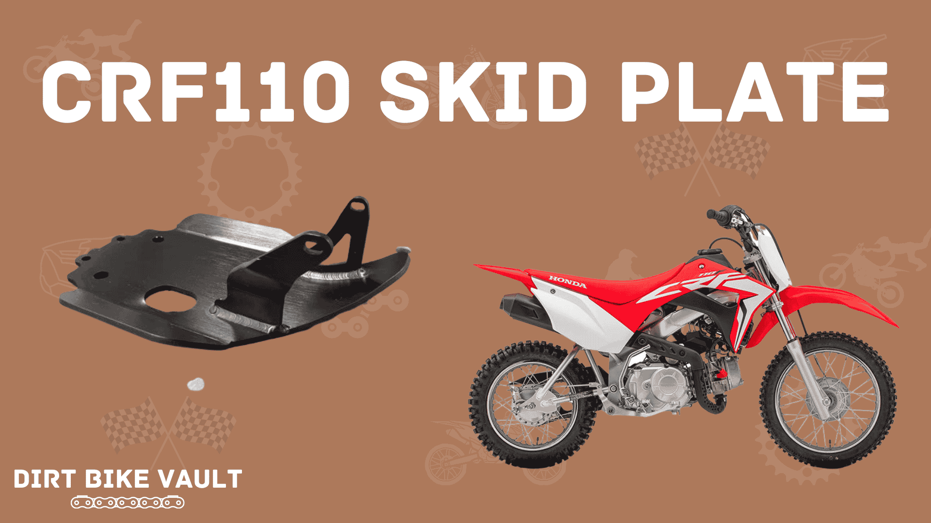 CRF110 skid plate in white text on brown background with crf110 skid plate and crf110 bike images