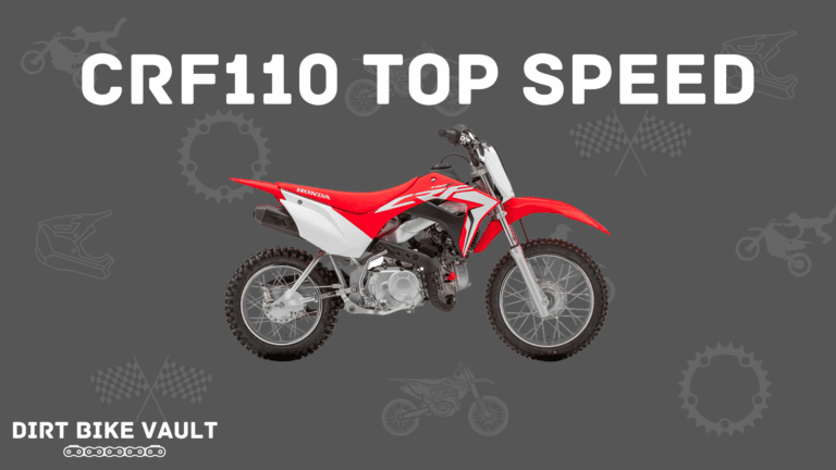 CRF110 top speed in white text on gray background with image of red Honda CRF110F