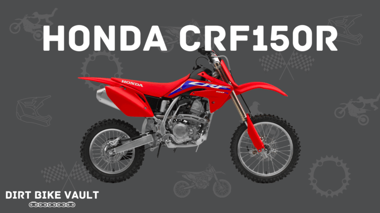 CRF150R in white text on gray background with Honda CRF150R dirt bike image