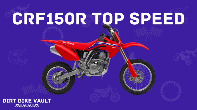 CRF150R top speed in white text on dark blue background with image of CRF150R dirt bike