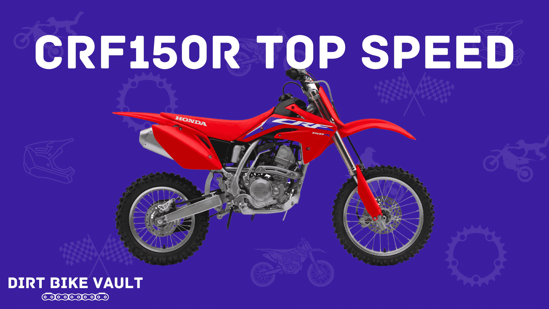 CRF150R top speed in white text on dark blue background with image of CRF150R dirt bike