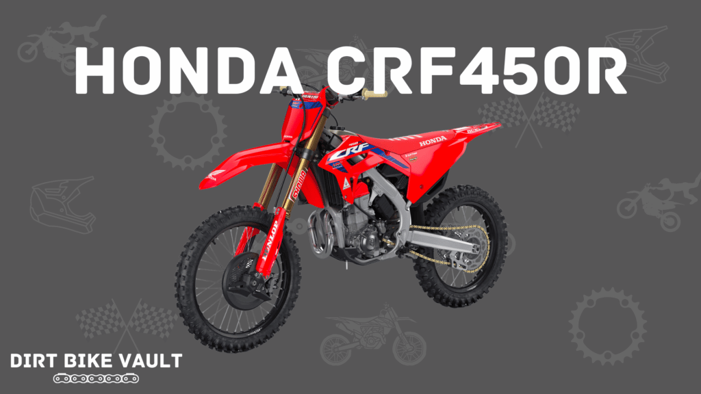 CRF450R in white text on gray background with Honda CRF450R dirt bike image