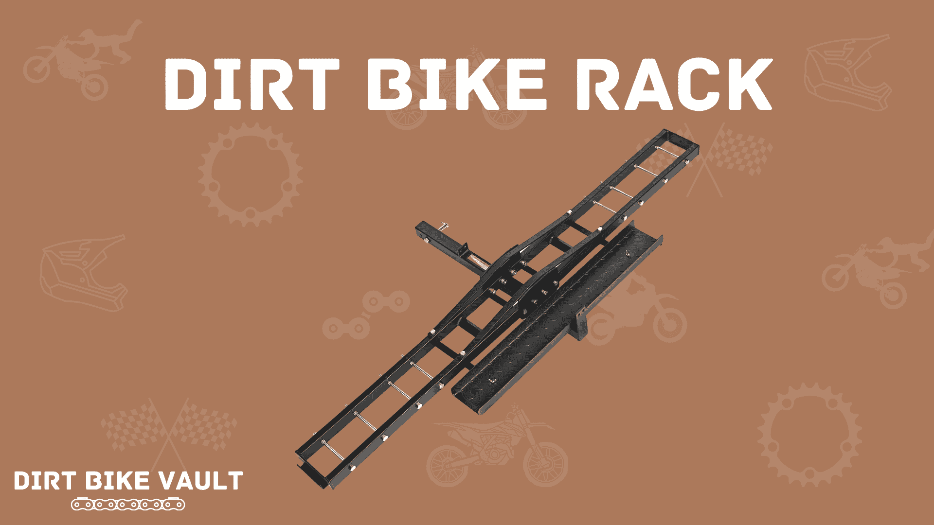 dirt bike rack in white text on brown background with image of dirt bike tow hitch