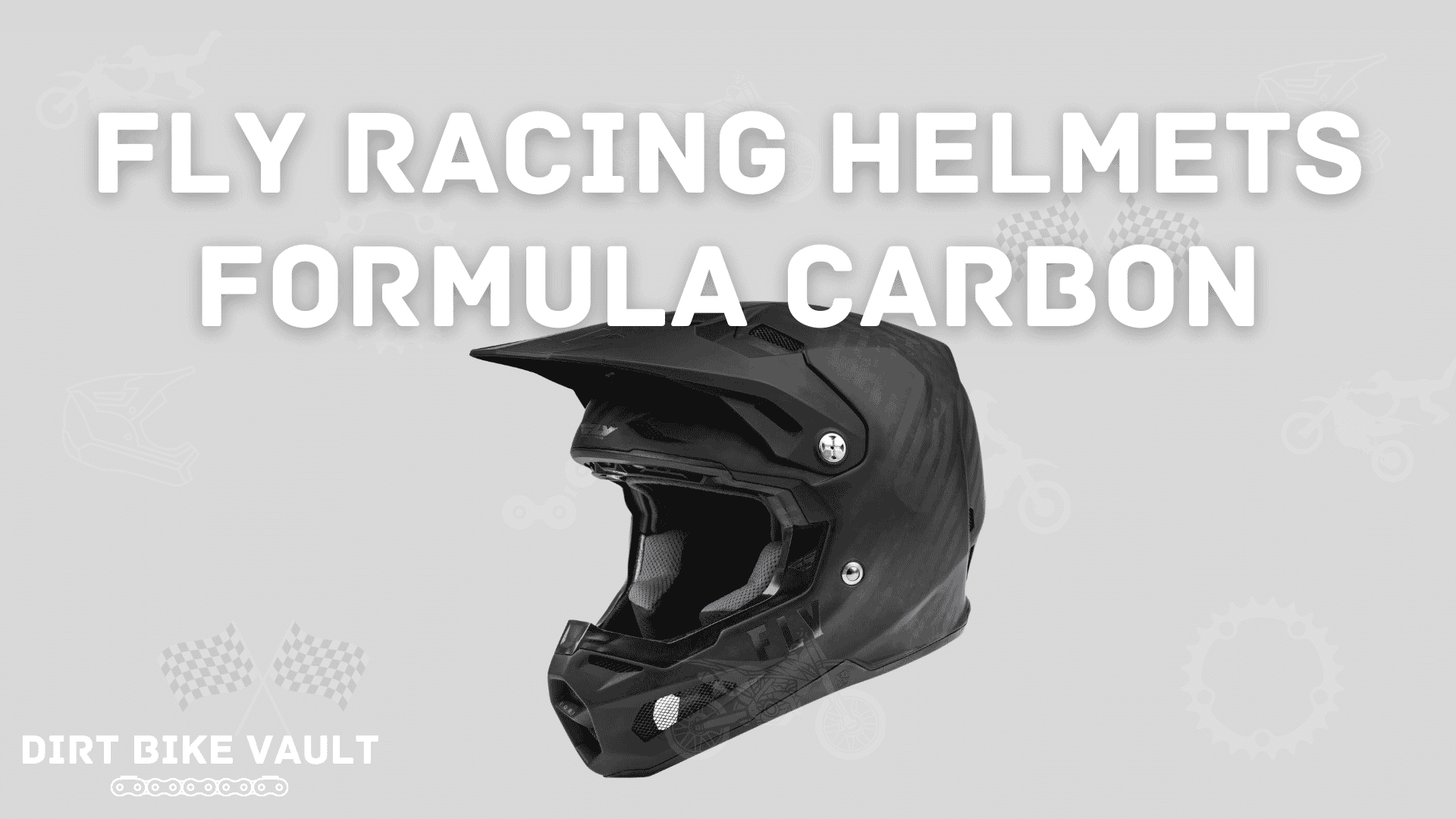 Fly Racing Helmets Formula Carbon in white text on light gray background with image of black Fly Racing helmet