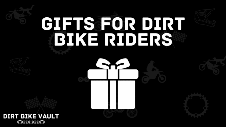 gifts for dirt bike riders in white text on black background with white gift clipart image