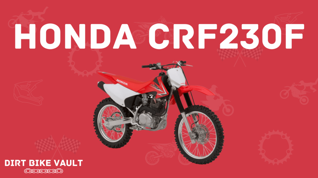 Honda CRF230F in white text on red background with image of CRF230 bike