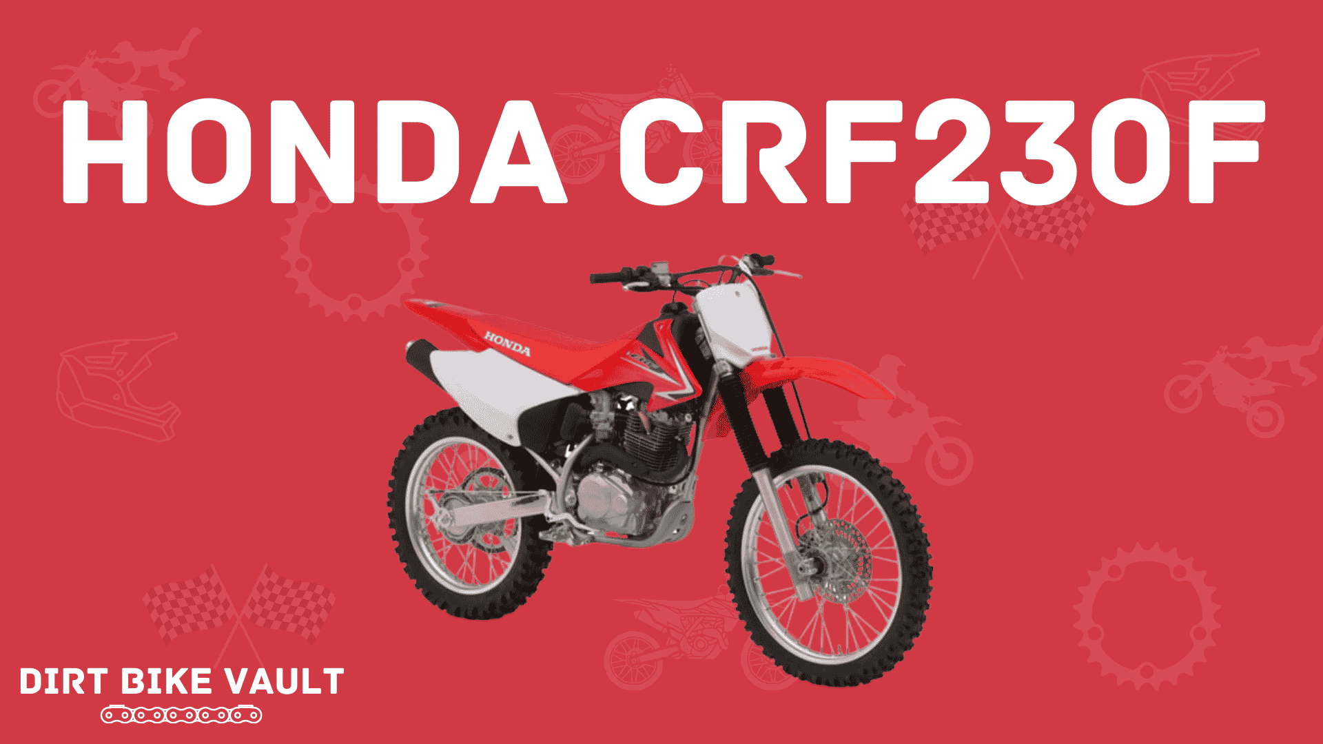 Honda CRF230F in white text on red background with image of CRF230 bike