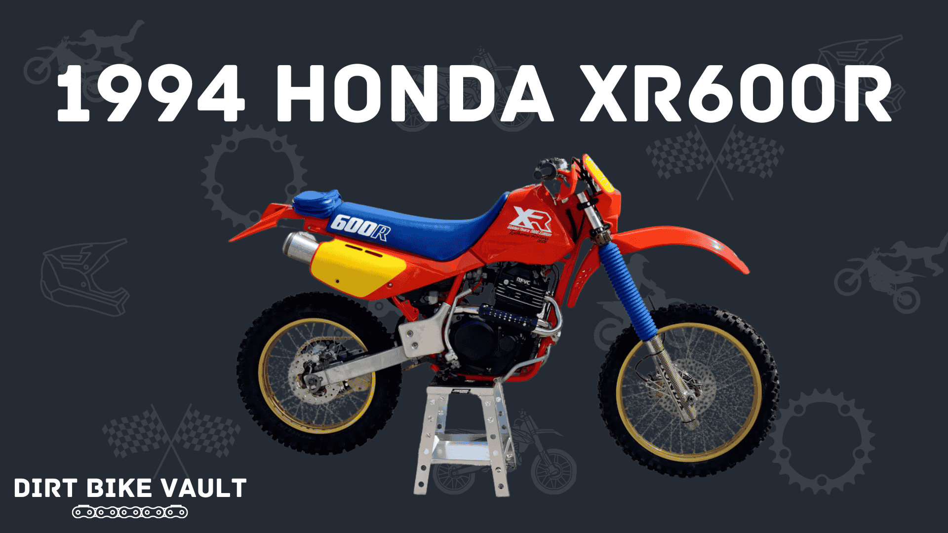 Honda XR600R 1994 in white text on gray background with 1994 Honda XR600R dirt bike on a silver stand