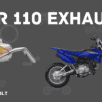 ttr 110 exhaust in white text with pro circuit exhaust and ttr 110 bike images on gray background