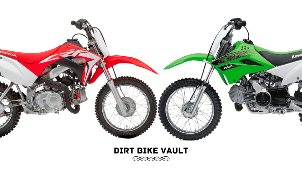 Red CRF110 on the left with a green KLX110 on the right with the two front tires touching