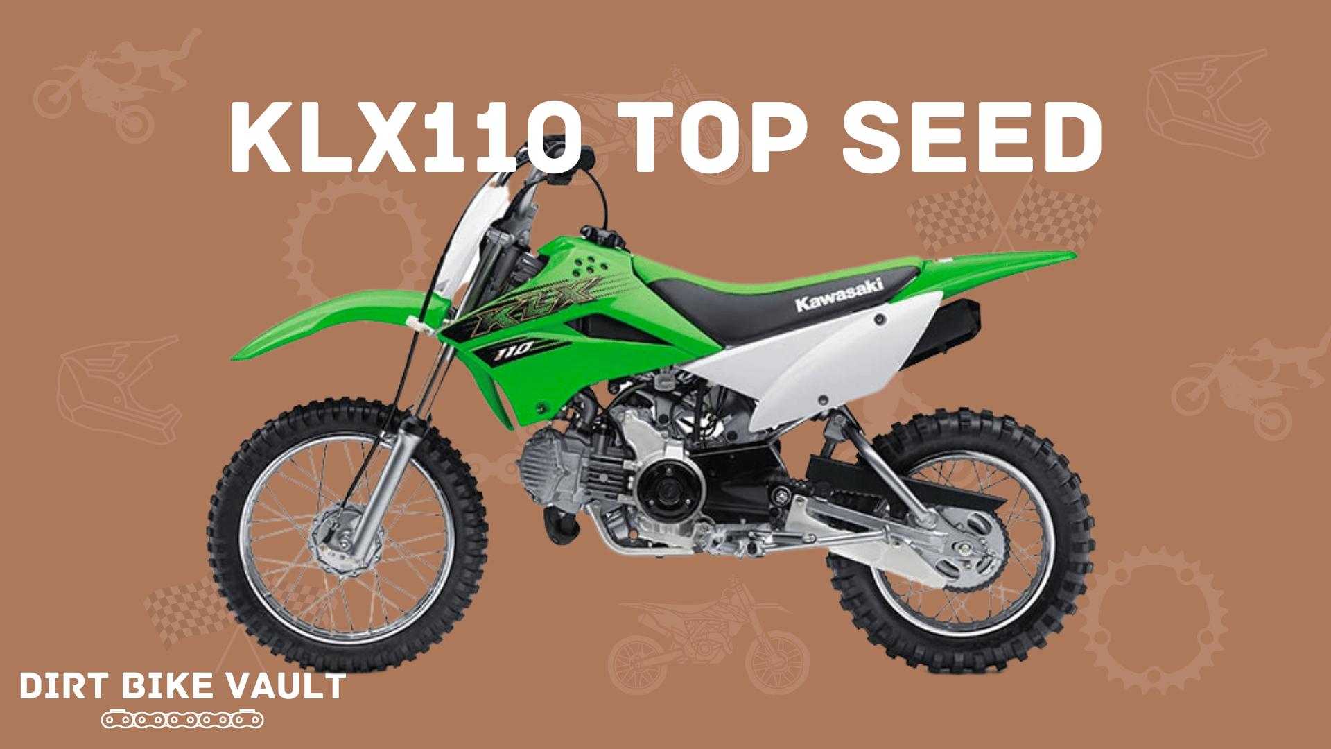 KLX110 top speed in white text on brown background with image of green KLX110 dirt bike