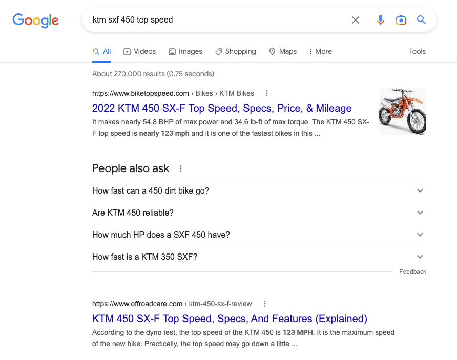 Screenshot of Google search results for KTM SXF 450 top speed