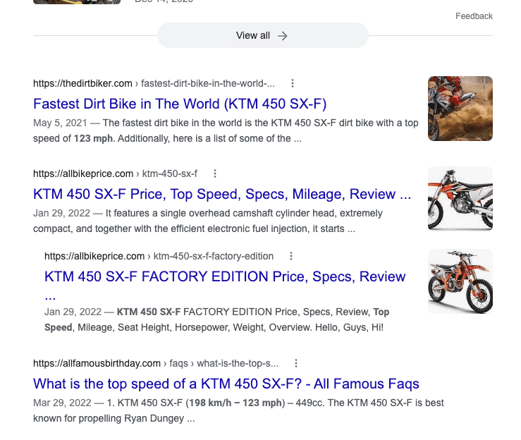 Screenshot of Google search results for KTM SXF 450 top speed