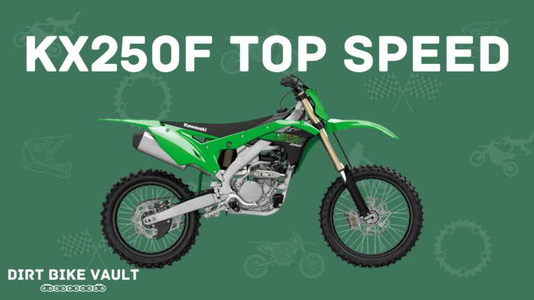 KX250F Top Speed in white text on green background with image of Green Kawasaki KX250F dirt bike