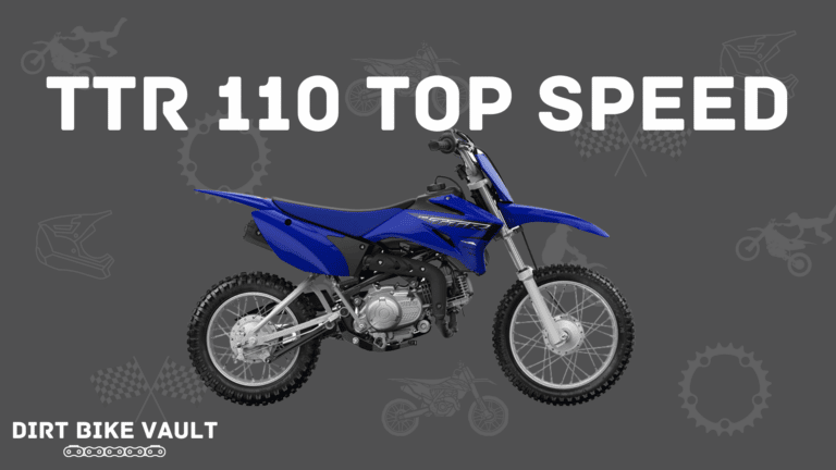 TTR 110 top speed in white text on gray background with image of blue Yamaha TTR110