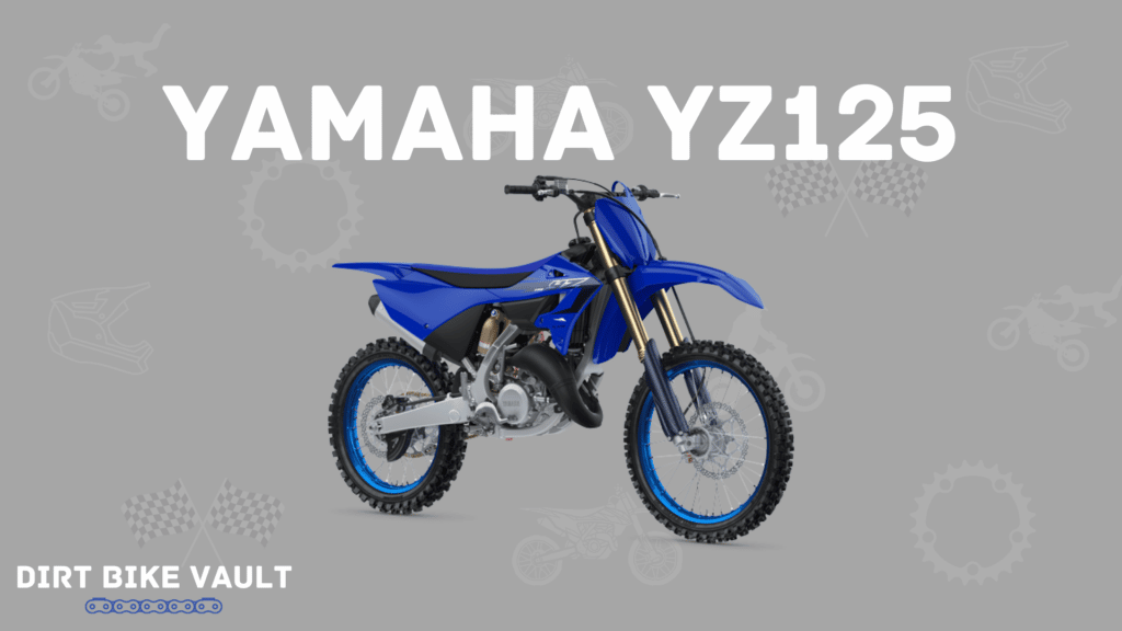 Yamaha YZ125 in white text on light gray background with image of 2023 YZ125 dirt bike