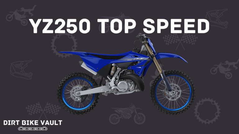 YZ250 top speed in white text on gray background with image of YZ250 dirt bike