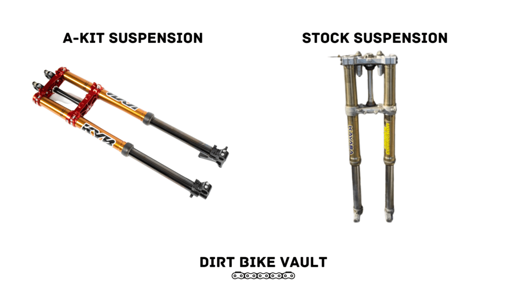 A kit suspension on the left and stock suspension on the right