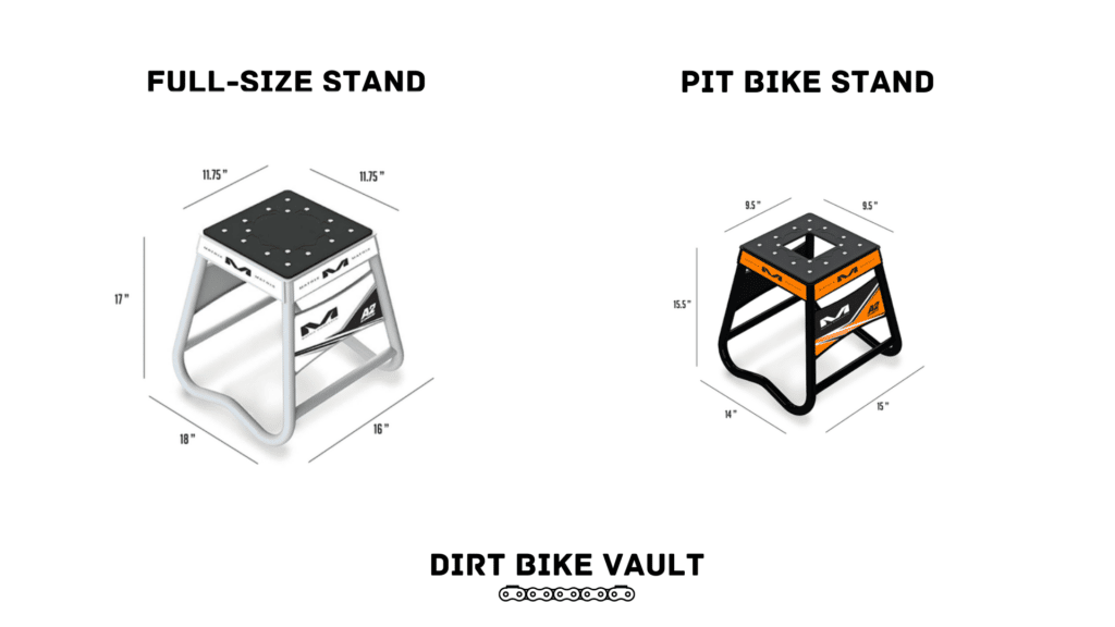 White full-size dirt bike stand on the left and black pit bike dirt bike stand on the right